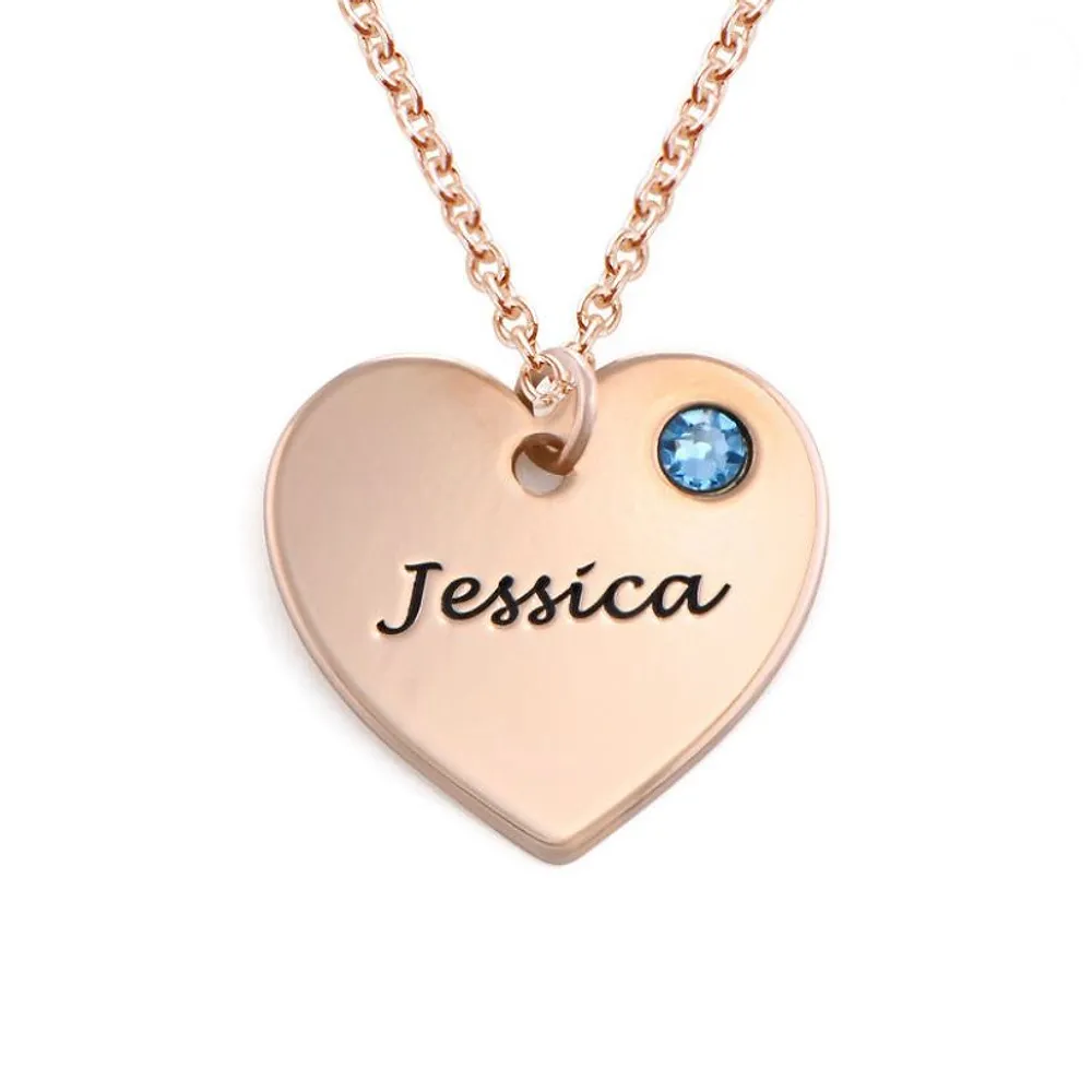 Gold & Silver Personalized Engraved Heart with Birthstone Necklace - FKJNKLU6158