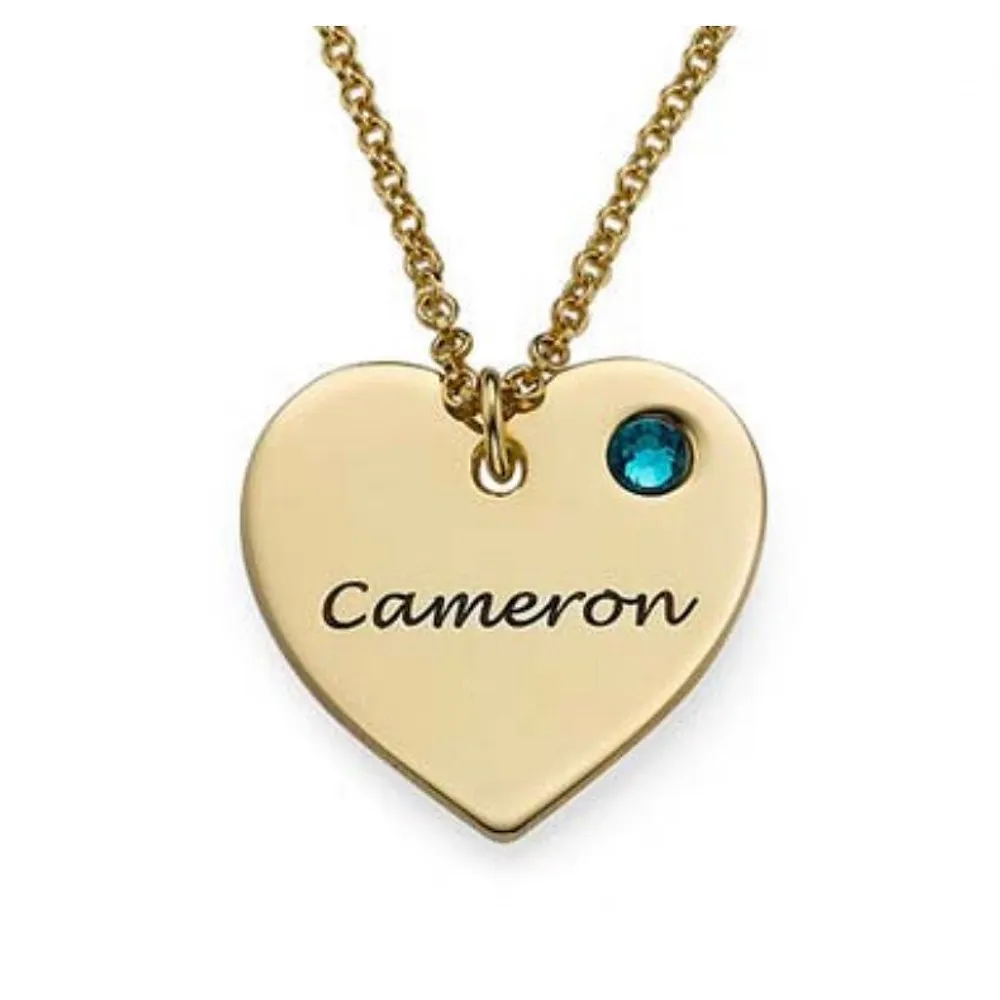 Gold & Silver Personalized Engraved Heart with Birthstone Necklace - FKJNKLU6158