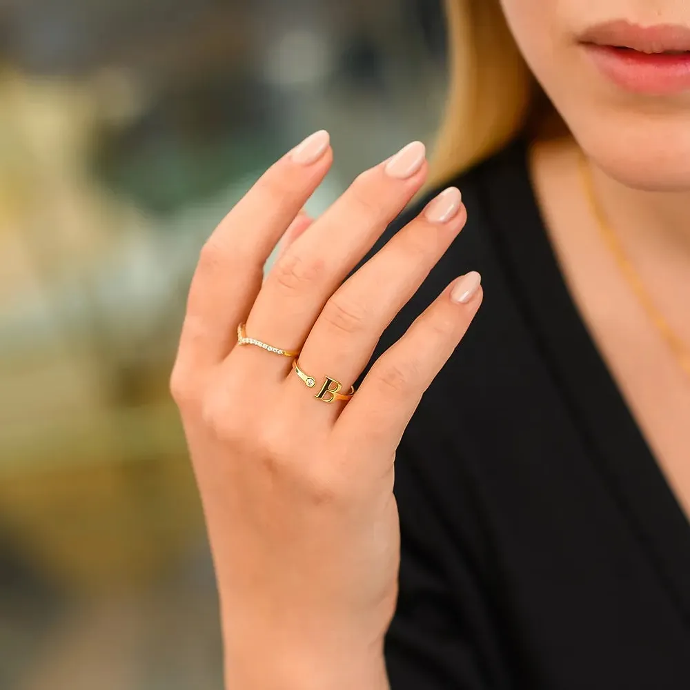 Gold & Silver Personalized Initial Letter Ring with Birthstone - FKJRNU6239