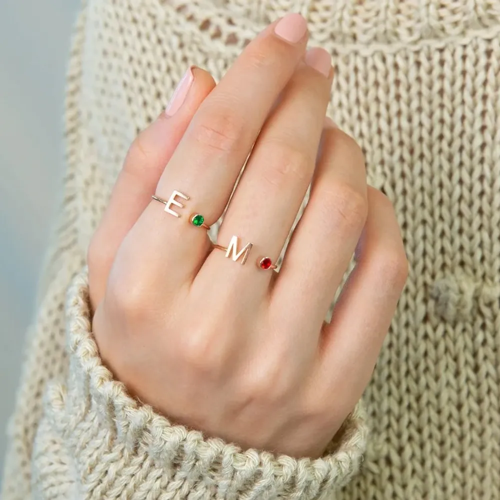 Gold & Silver Personalized Initial Letter Ring with Birthstone - FKJRNU6239