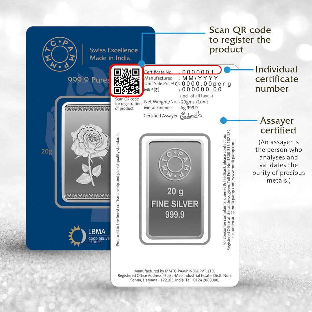 MMTC Pamp Rose 20 Grams Silver Bar in 999.9 Silver - FKJGBRSL2214