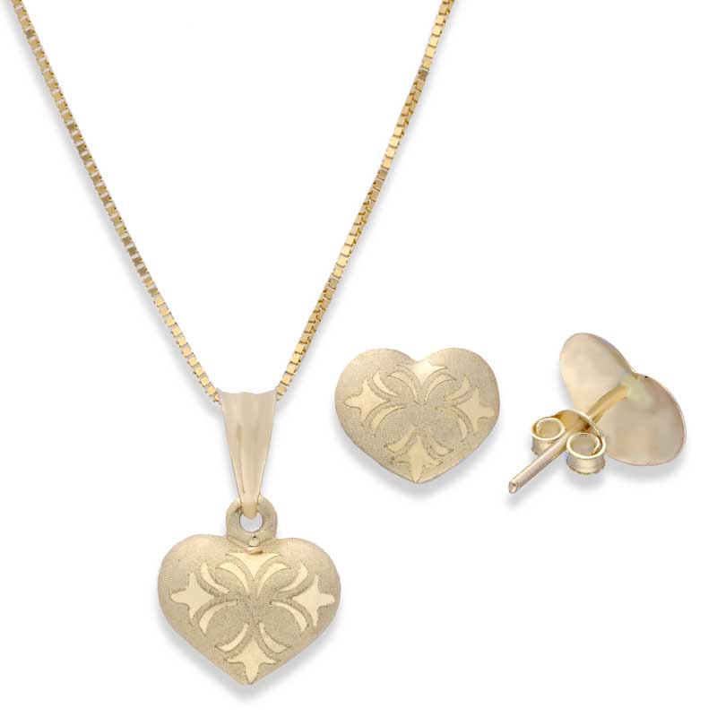Gold Heart Shaped Pendant Set (Necklace and Earrings) 18KT - FKJNKLST18KU2001