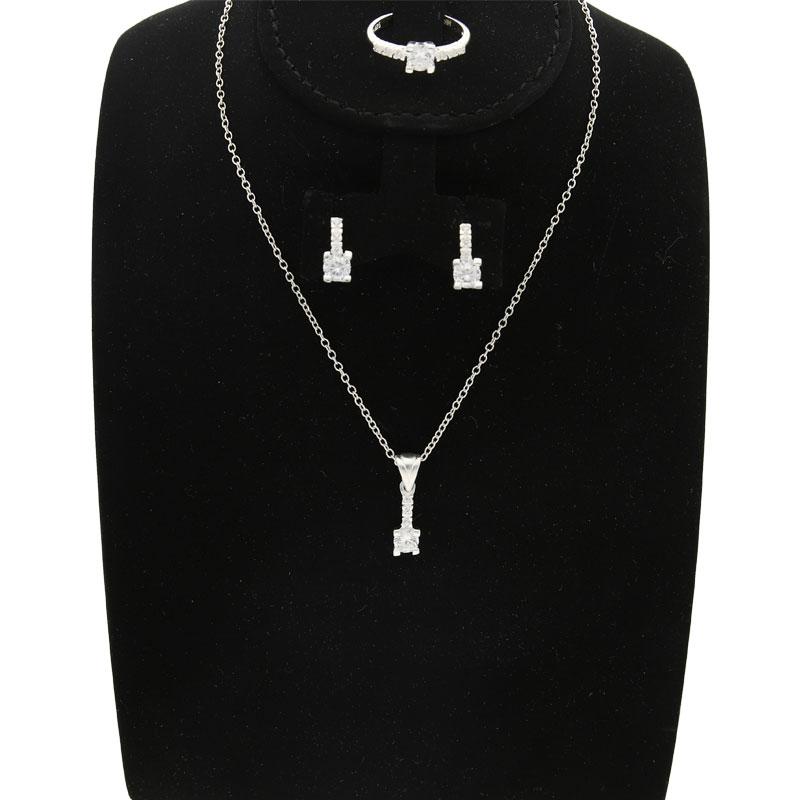 Sterling Silver 925 Princess Cut Shape Pendant Set (Necklace, Earrings and Ring) - FKJNKLST2002