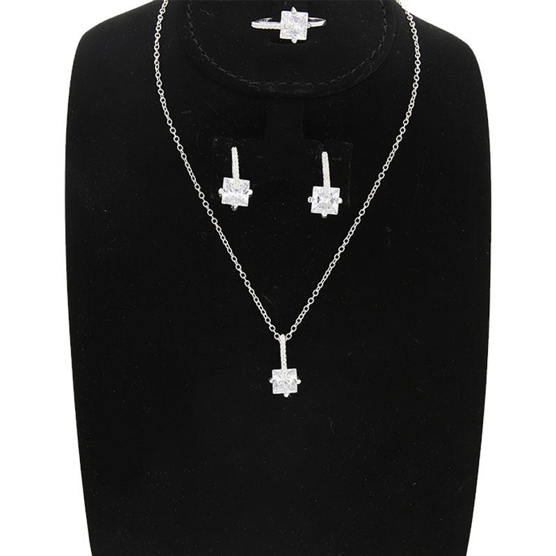Sterling Silver 925 Princess Cut Solitaire Pendant Set (Necklace, Earrings and Ring) - FKJNKLST2020