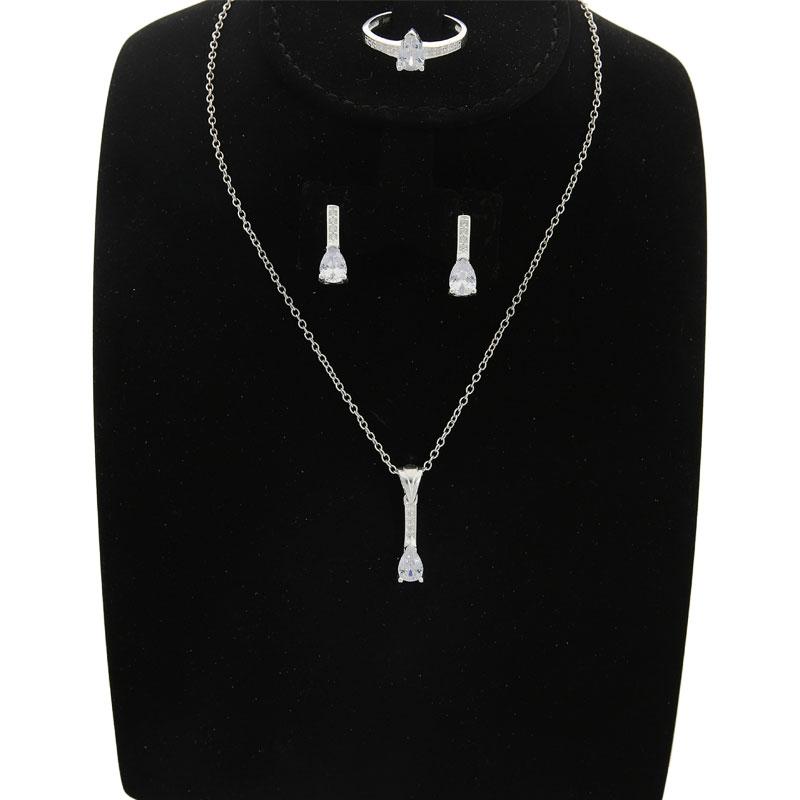 Sterling Silver 925 Pear Pendant Set (Necklace, Earrings and Ring) - FKJNKLST2009
