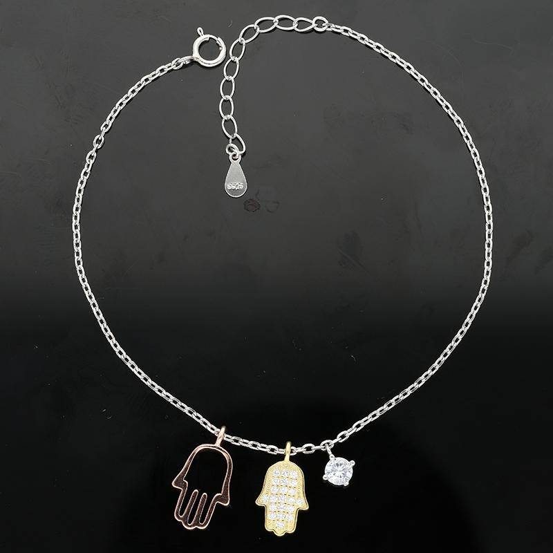 Sterling Silver 925 Tri-Tone Hamsa Hand Bracelet - FKJBRLSL2294
