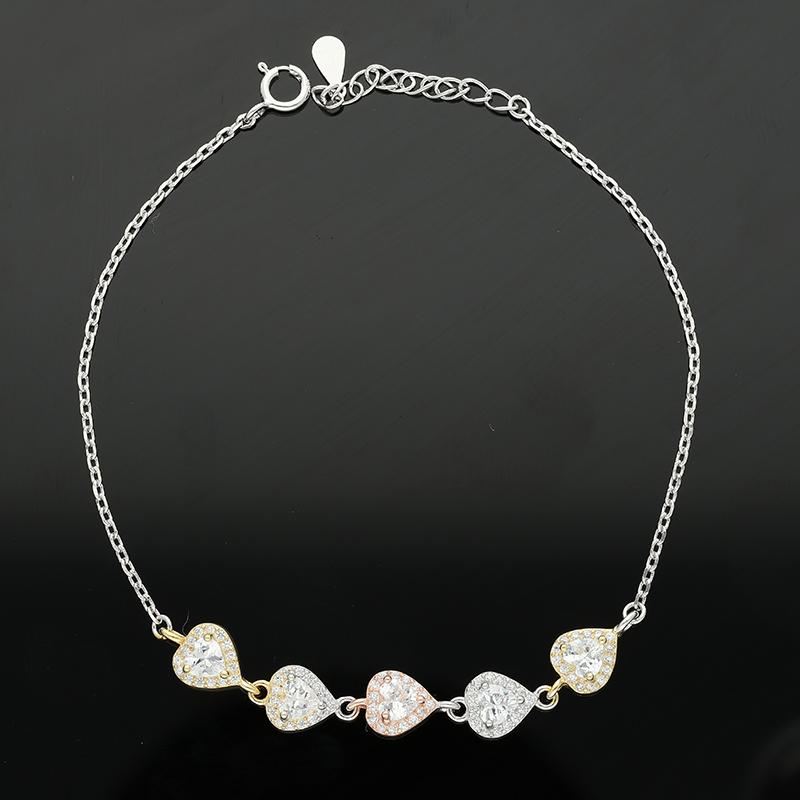 Sterling Silver 925 Tri-Tone Heart Shaped Solitaires Bracelet - FKJBRLSL2318