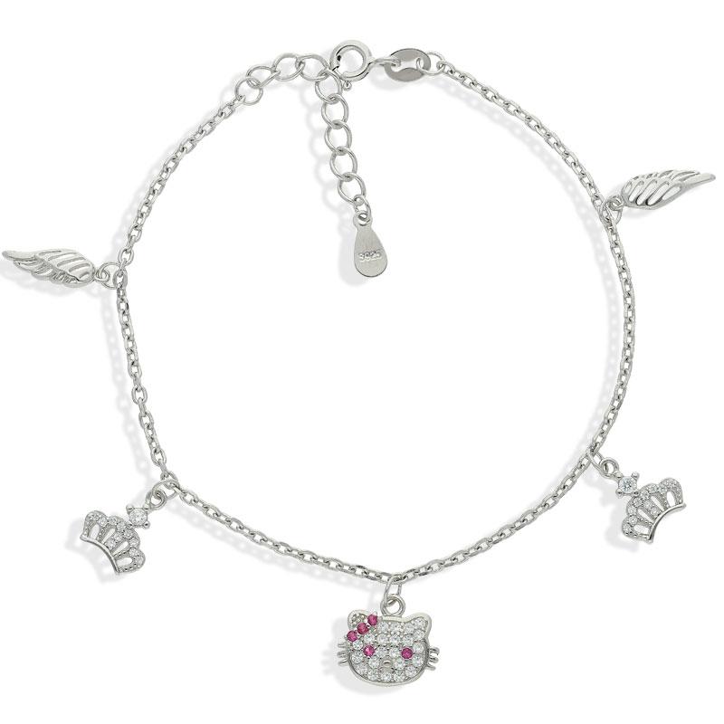 Sterling Silver 925 Hanging Charm Hello Kitty Bracelet - FKJBRLSL2358