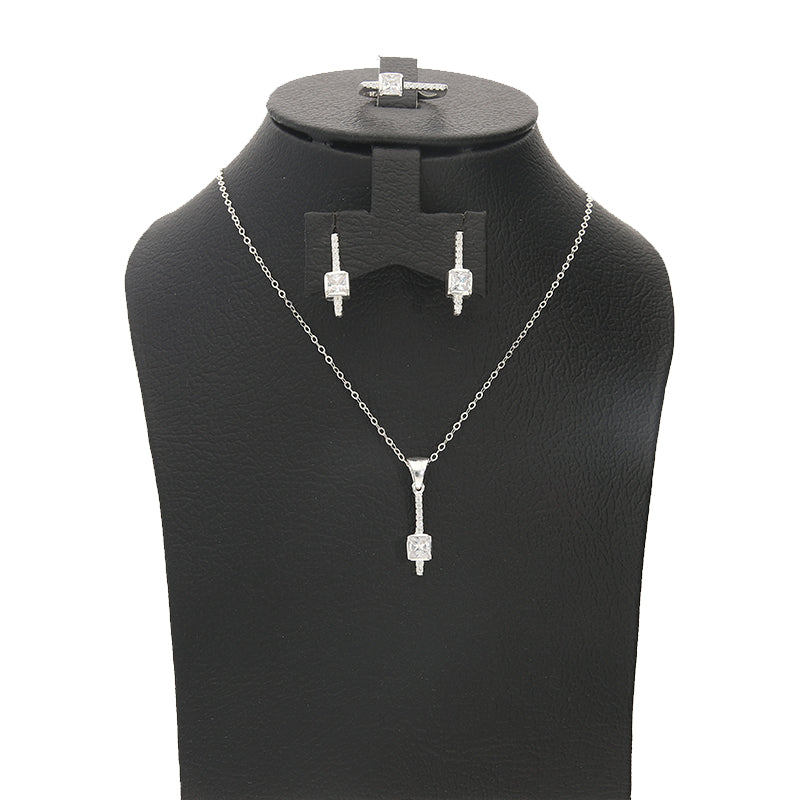 Sterling Silver 925 Solitaire Pendant Set (Necklace, Earrings and Ring) - FKJNKLSTSL2202