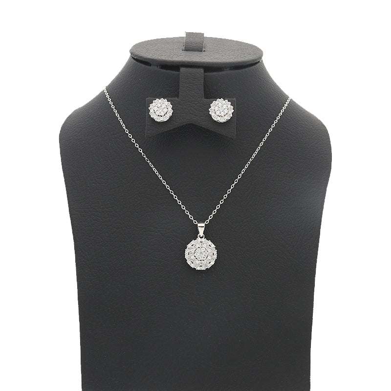 Sterling Silver 925 Round Flower Pendant Set (Necklace and Earrings) - FKJNKLSTSL2196