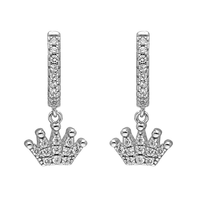 Sterling Silver 925 Crown Shaped Drop Earrings - FKJERNSL2482