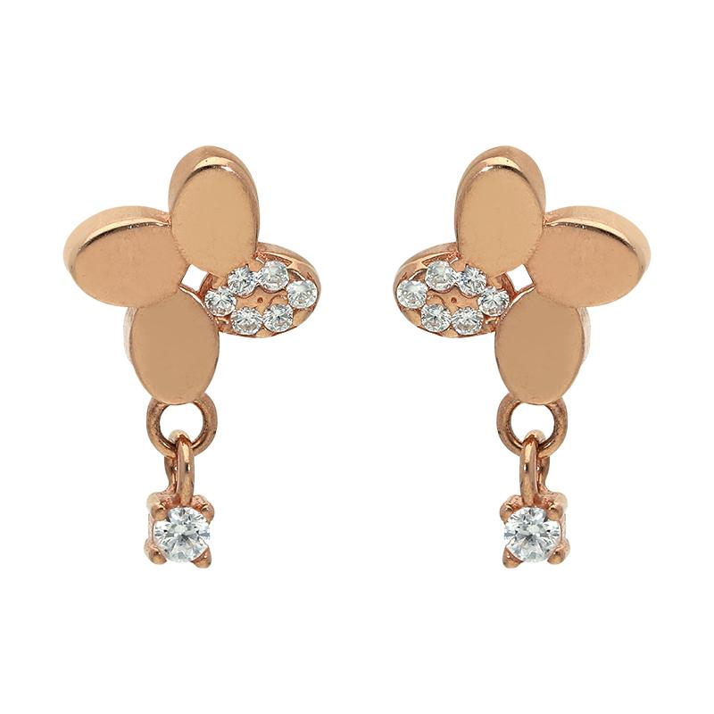 Sterling Silver 925 Rose Gold Plated Flower with Hanging Solitaire Drop Earrings - FKJERNSL2520