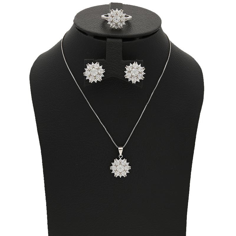 Sterling Silver 925 Flower Shaped Pendant Set (Necklace, Earrings and Ring) - FKJNKLSTSL2277