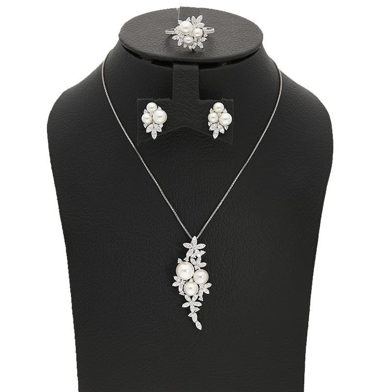 Sterling Silver 925 Flowers and Pearls Pendant Set (Necklace, Earrings and Ring) - FKJNKLSTSL2292