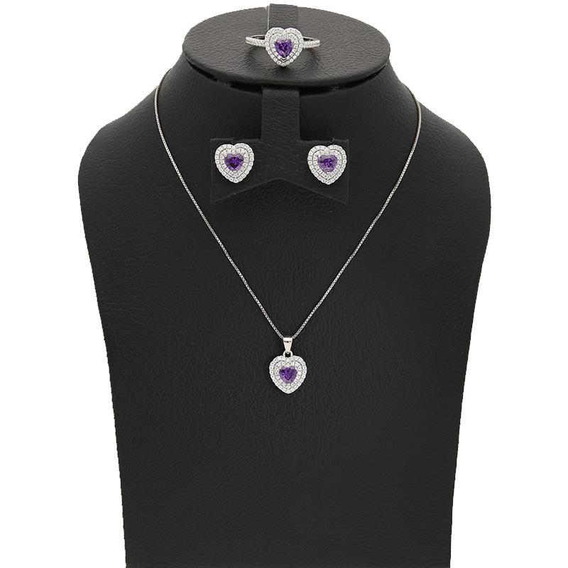 Sterling Silver 925 Heart Shaped Solitaire Pendant Set (Necklace, Earrings and Ring) - FKJNKLSTSL2293
