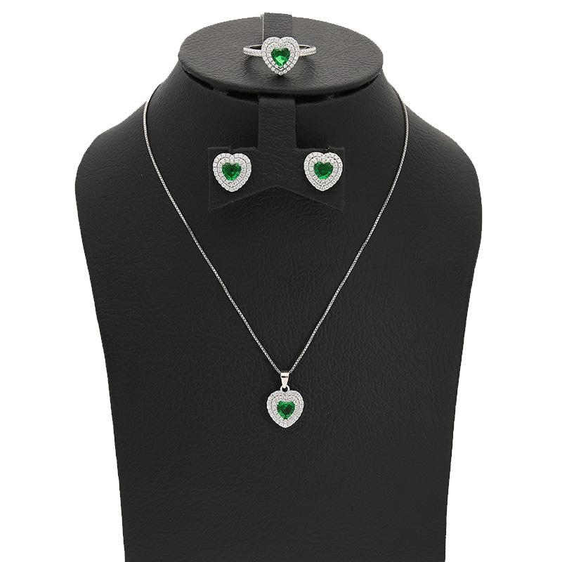 Sterling Silver 925 Heart Shaped Solitaire Pendant Set (Necklace, Earrings and Ring) - FKJNKLSTSL2294