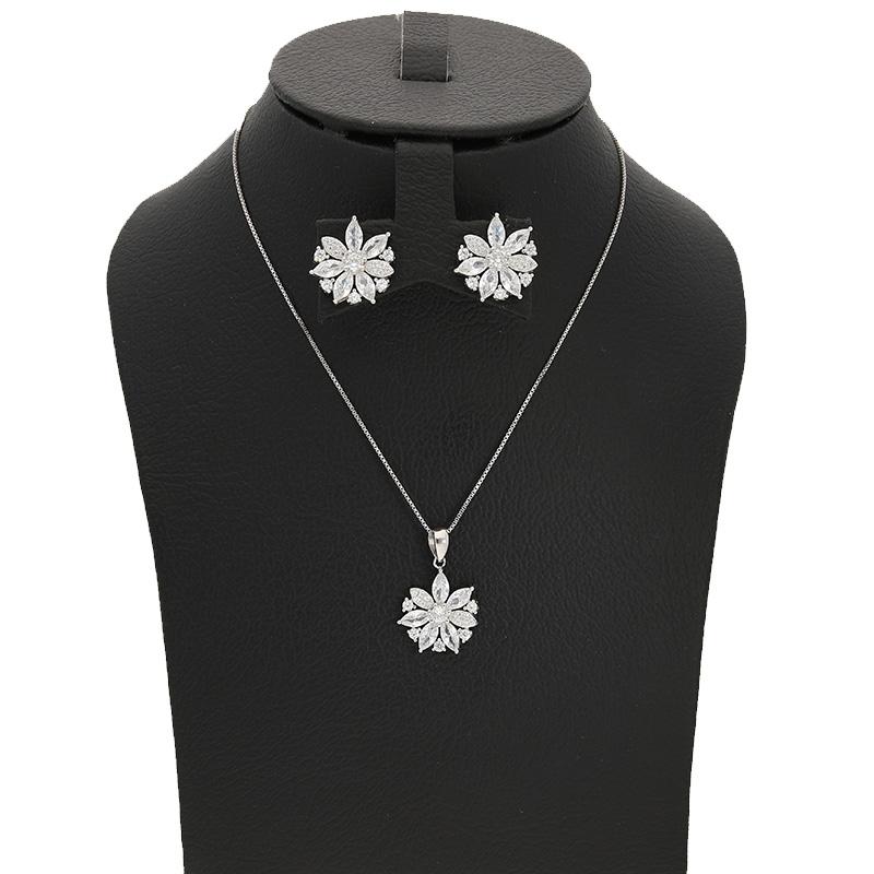 Sterling Silver 925 Flower Shaped Pendant Set (Necklace and Earrings) - FKJNKLSTSL2300