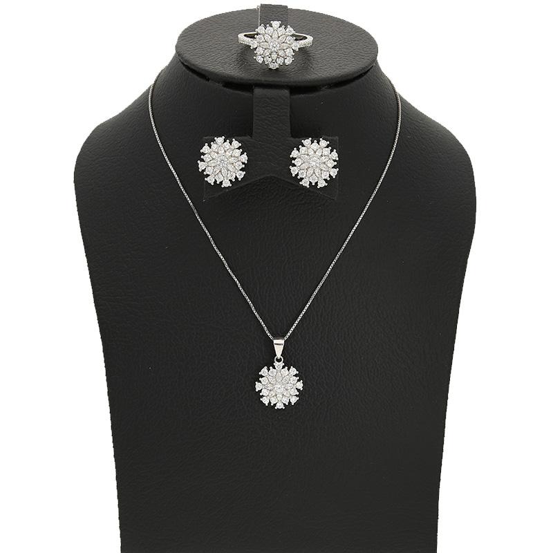 Sterling Silver 925 Flower Pendant Set (Necklace, Earrings and Ring) - FKJNKLSTSL2287