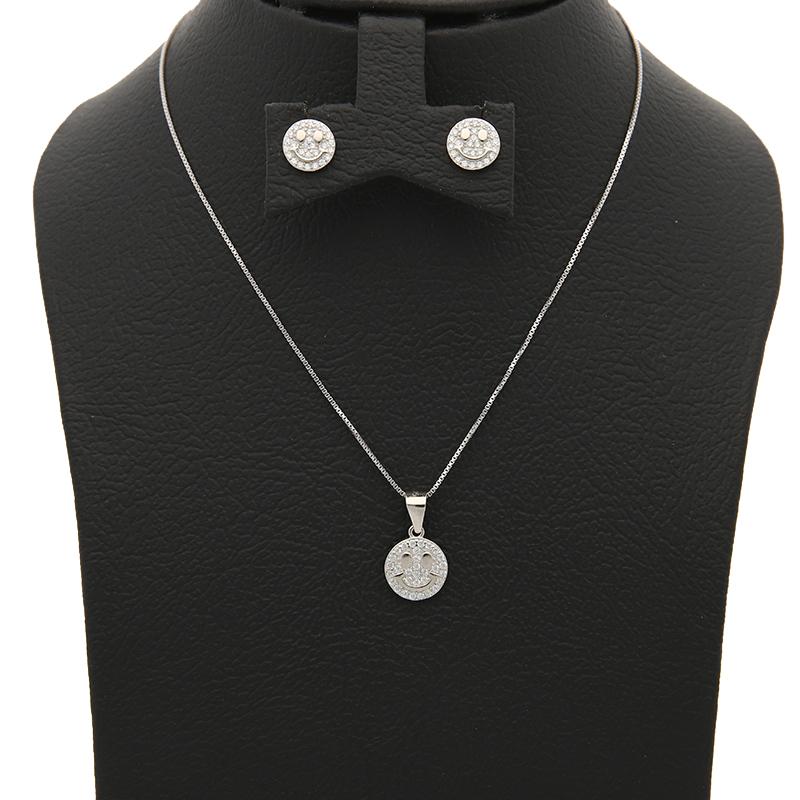 Sterling Silver 925 Round Smiley Face Pendant Set (Necklace and Earrings) - FKJNKLSTSL2303