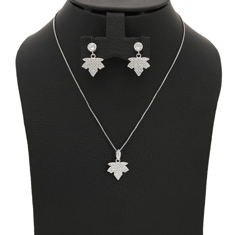 Sterling Silver 925 Leaf Shaped Pendant Set (Necklace and Earrings) - FKJNKLSTSL2310