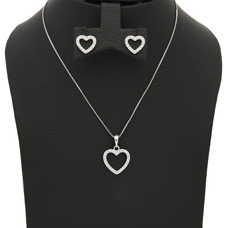 Sterling Silver 925 Heart Pendant Set (Necklace and Earrings) - FKJNKLSTSL2319
