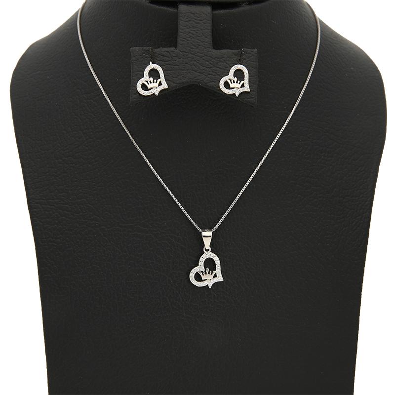 Sterling Silver 925 Heart with Crown Pendant Set (Necklace and Earrings) - FKJNKLSTSL2320