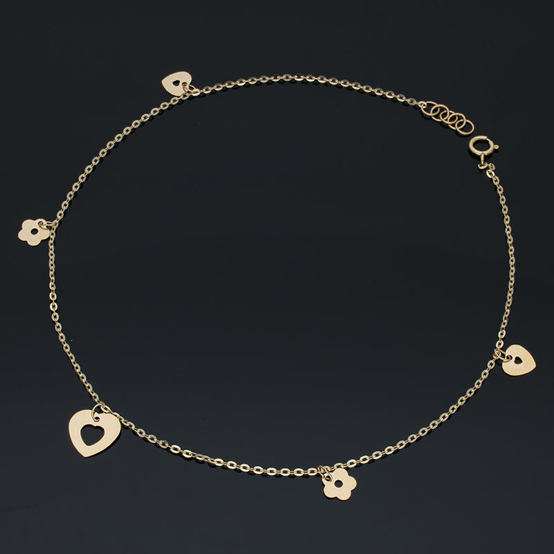 Gold Hanging Hearts and Flowers Anklet 18KT - FKJANKL18KU5006