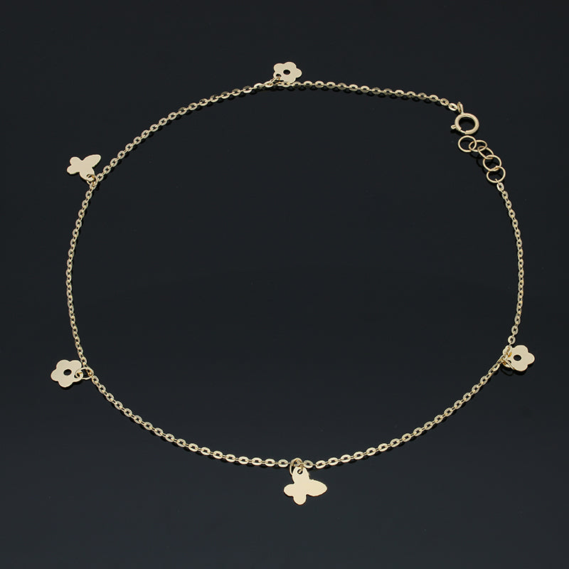 Gold Hanging Flowers and Butterflies Anklet 18KT - FKJANKL18KU5003