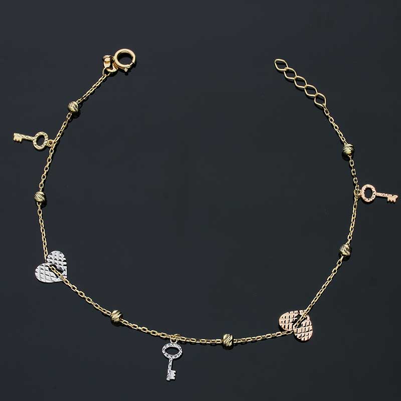 Trio Tone Gold Heart Lock and Key Bracelet 18KT - FKJBRL18KU1038