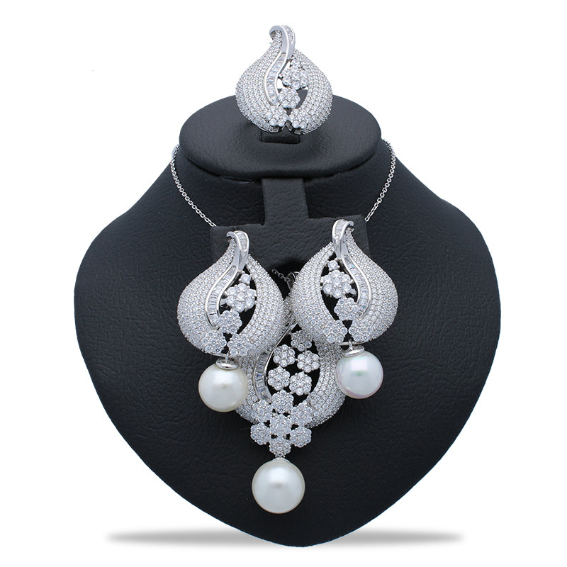 Sterling Silver 925 Leaf Shaped Pendant Set (Necklace, Earrings and Ring) - FKJNKLSTSLU2031