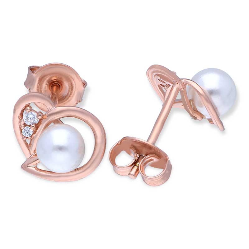Sterling Silver 925 Rose Gold Plated Pearl in Heart Stud Earrings - FKJERNSLU3155