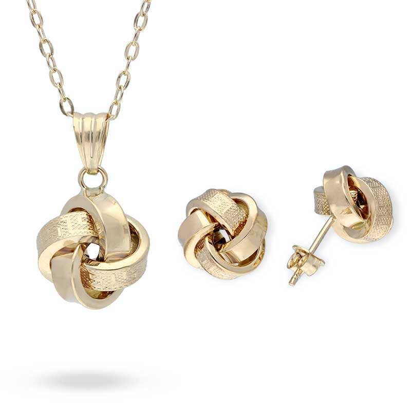 Gold Knot Pendant Set (Necklace and Earrings) 18KT - FKJNKLST18KU2036