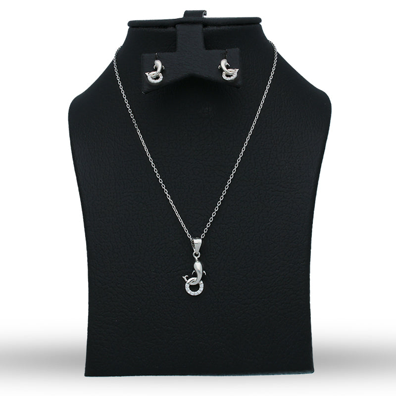 Sterling Silver 925 Dolphin Pendant Set (Necklace and Earrings) - FKJNKLSTSLU6075
