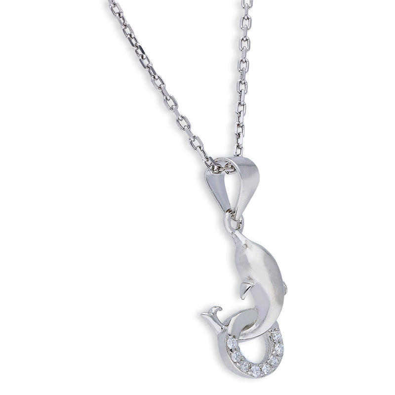 Sterling Silver 925 Dolphin Pendant Set (Necklace and Earrings) - FKJNKLSTSLU6075
