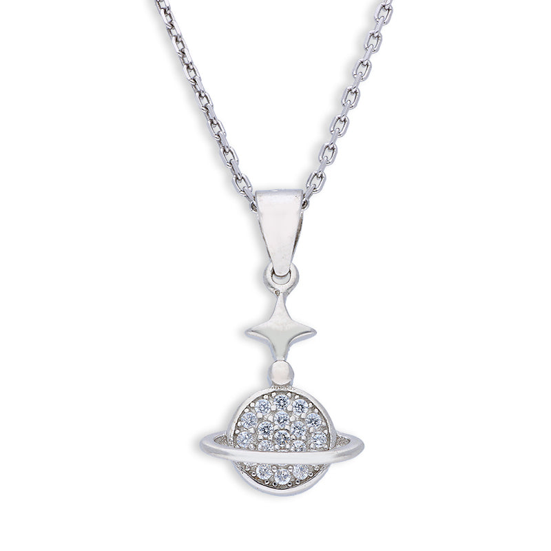 Sterling Silver 925 Saturn Shaped Pendant Set (Necklace and Earrings) - FKJNKLSTSLU6081
