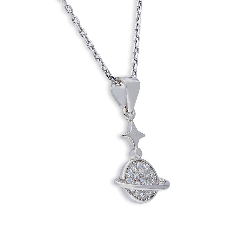Sterling Silver 925 Saturn Shaped Pendant Set (Necklace and Earrings) - FKJNKLSTSLU6081
