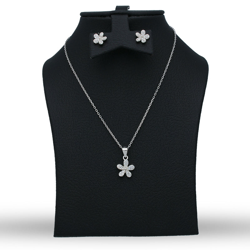 Sterling Silver 925 Flower Shaped Pendant Set (Necklace and Earrings) - FKJNKLSTSLU6079