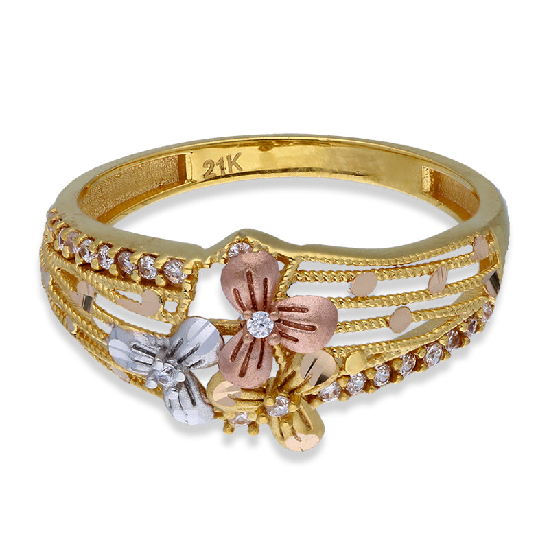 Tri Tone Gold Flower Ring 21KT - FKJRN21KU2110