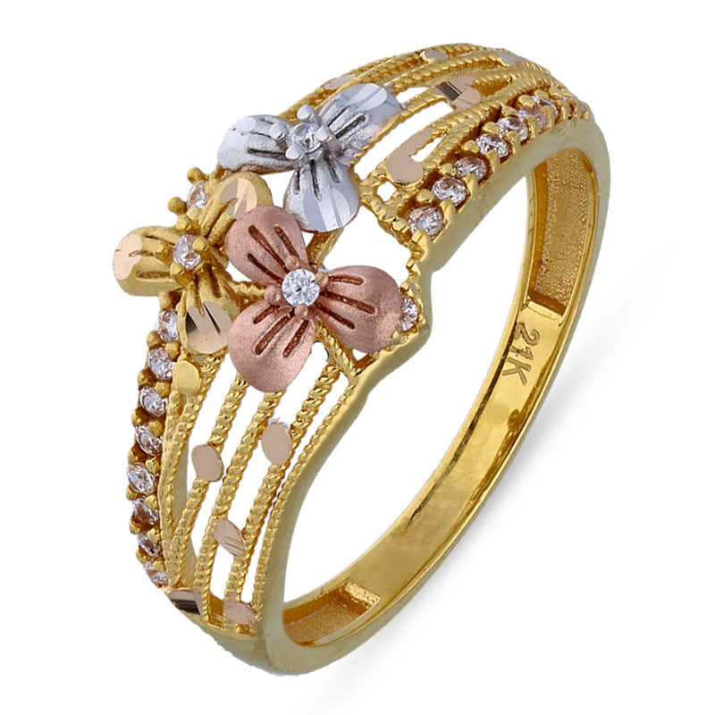 Tri Tone Gold Flower Ring 21KT - FKJRN21KU2110