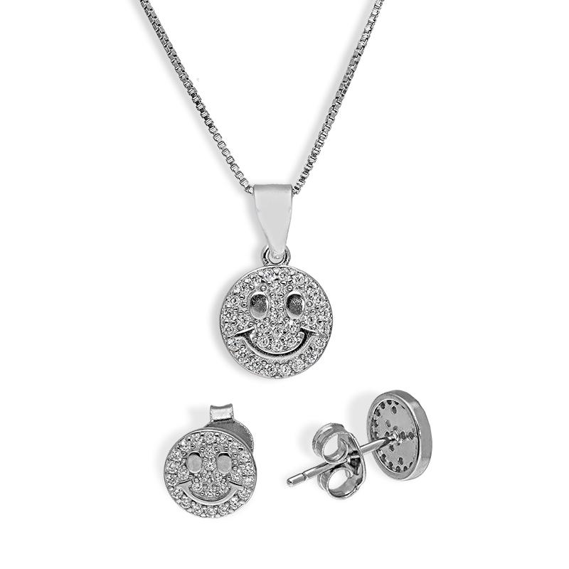Sterling Silver 925 Round Smiley Face Pendant Set (Necklace and Earrings) - FKJNKLSTSL2303