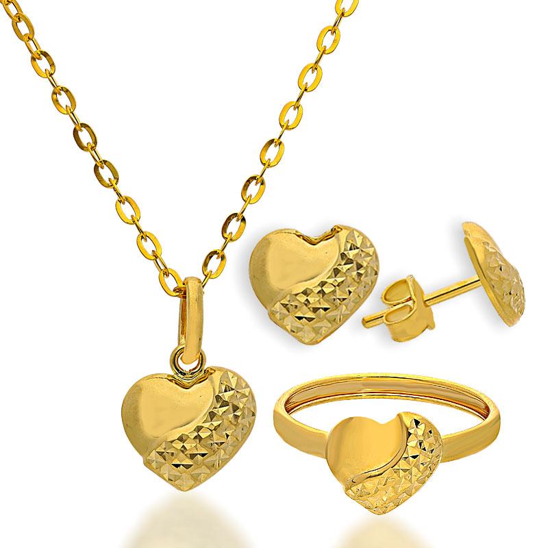 Gold Heart Pendant Set (Necklace, Earrings and Ring) 18KT FKJNKLST18K2157