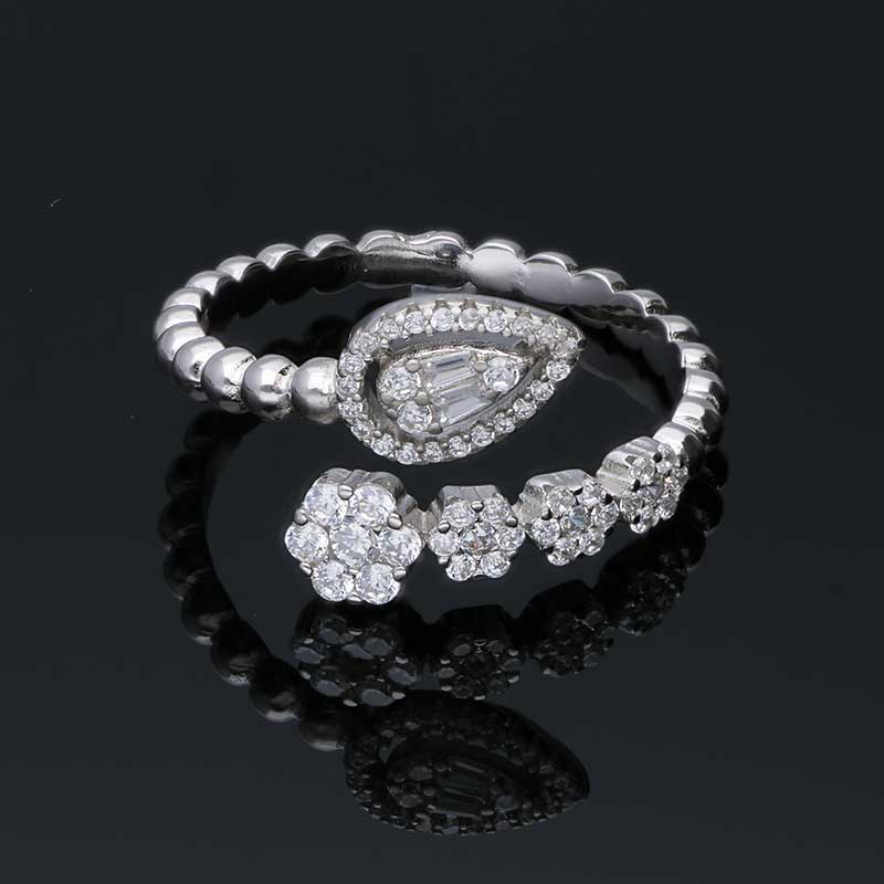 Sterling Silver 925 Pear And Flower Shaped Solitaire Ring - FKJRNSLU2013