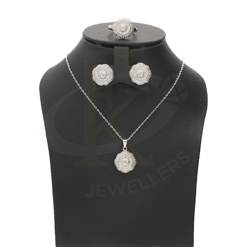 Italian Silver 925 Flower Shaped Pendant Set (Necklace Earrings And Ring) - Fkjnklstsl2200 Sets