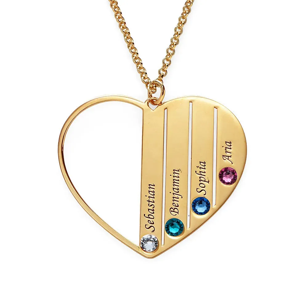 Silver 925 Personalized Birthstone Heart with Engraved Names Necklace - FKJNKLSLU6159
