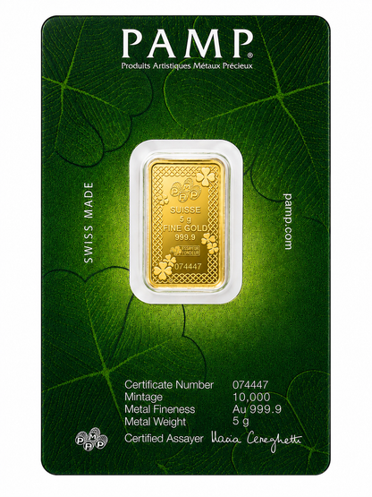PAMP Suisse 5 Grams Lucky Charm Four-Leaf Clover Pure Gold Bar 24KT - FKJGBR24K7060
