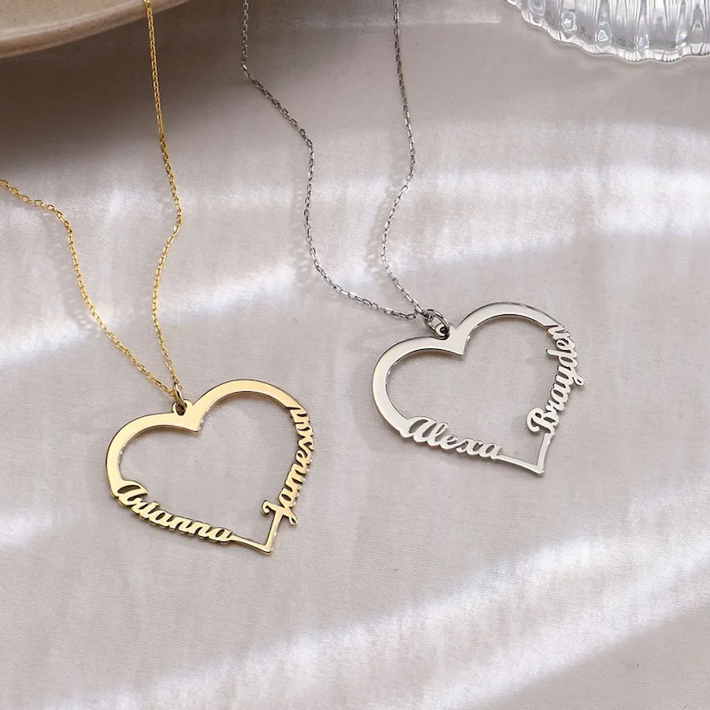 Gold & Silver Personalized Couple Name Heart Necklace - FKJNKLU6154