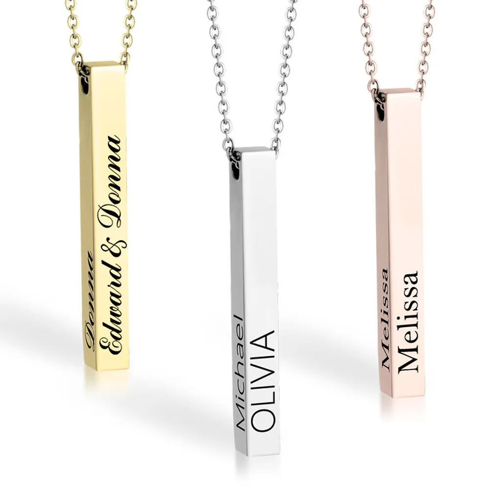 Gold & Silver Personalized Engraved 3D Bar Pendant Necklace - FKJNKLU6170