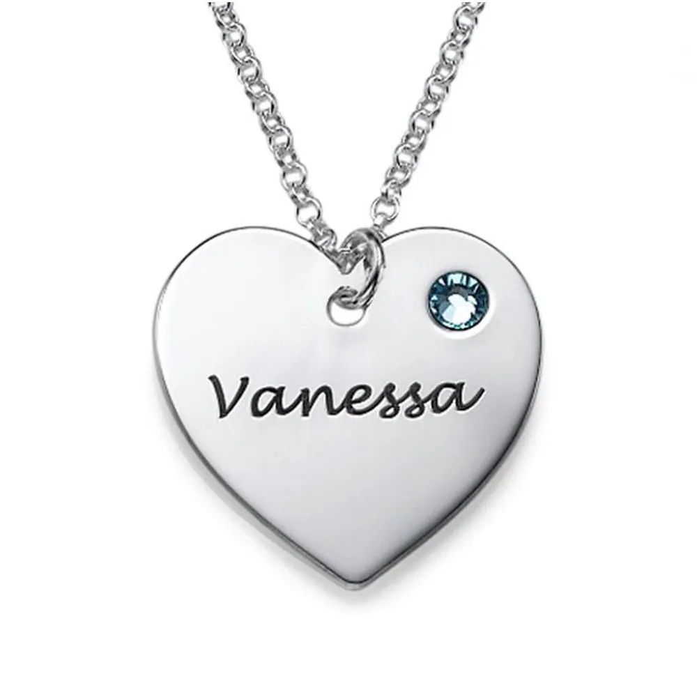 Silver 925 Personalized Engraved Heart with Birthstone Necklace - FKJNKLSLU6158