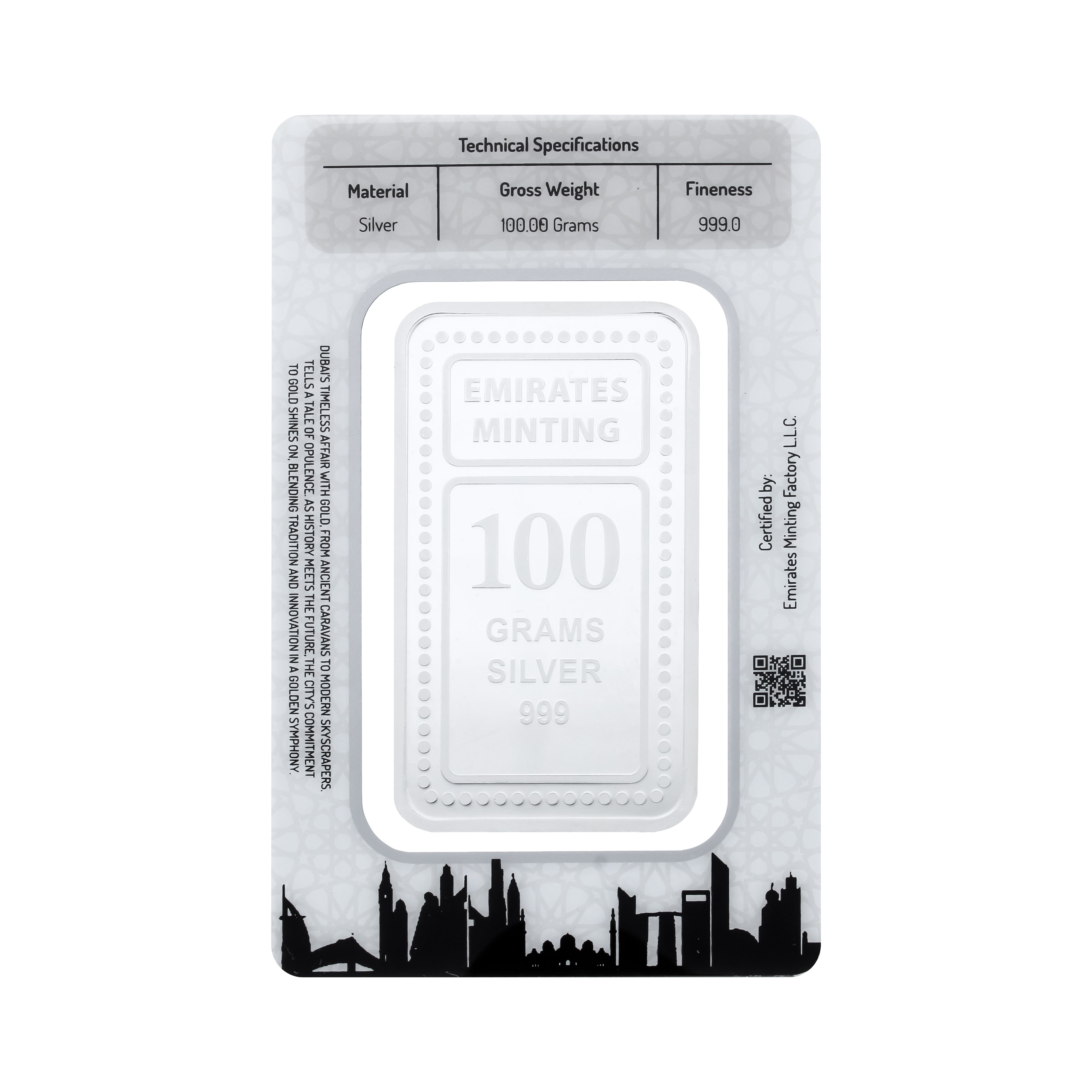 Emirates Minting 100 Grams 999.0 Purity Silver Bar - FKJGBRSL6824