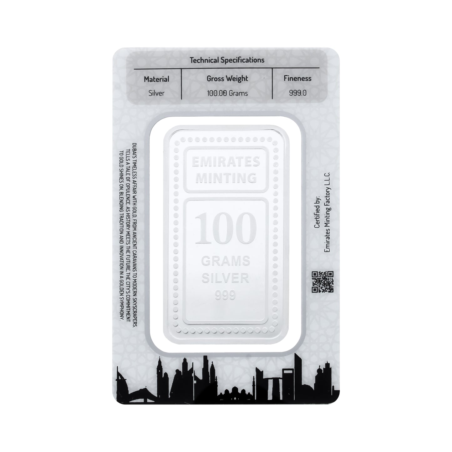 Emirates Minting 100 Grams 999.0 Purity Silver Bar - FKJGBRSL6824